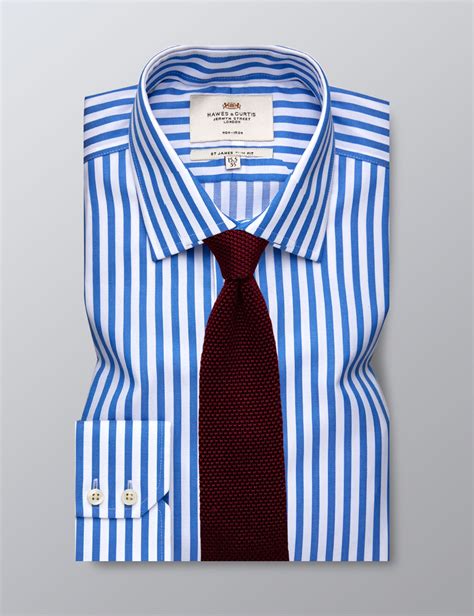 Mens Formal Blue And White Wide Stripe Slim Fit Shirt Single Cuff