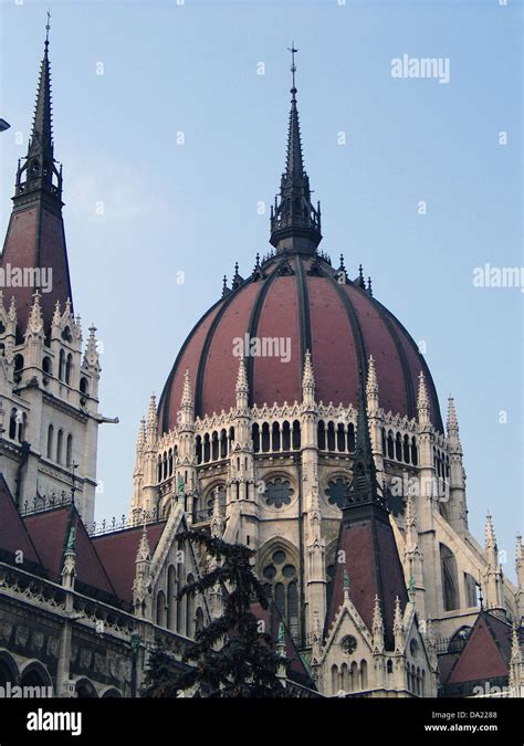 Red Dome On The Neo Gothic Hungarian Parliament Building Budapest