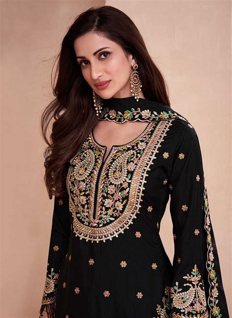 Buy Art Silk Embroidered Palazzo Suit With Sweetheart Neck And Three