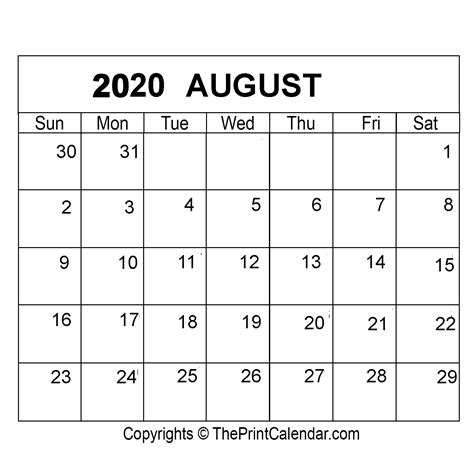 2020 Monthly Calendar Printable Free Pdf August