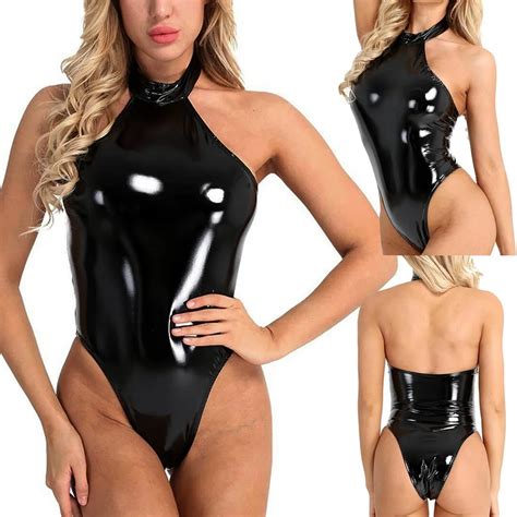 Pu Deri Seksi Bodysuits Kad Nlar Halter Backless Bodycon Bodysuits V