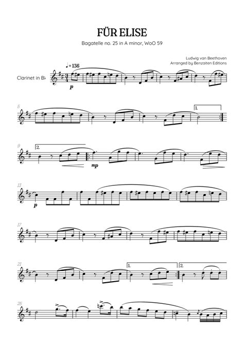 Beethoven • Für Elise Pour Elise • Clarinet Sheet Music By Ludwig Van Beethoven Clarinet