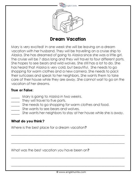 A Worksheet For Reading The Words Dream Vacation