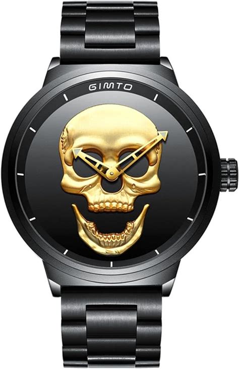 Herren Totenkopf Uhr Edelstahl Schwarz Gold Analog Quarz Mit Metall