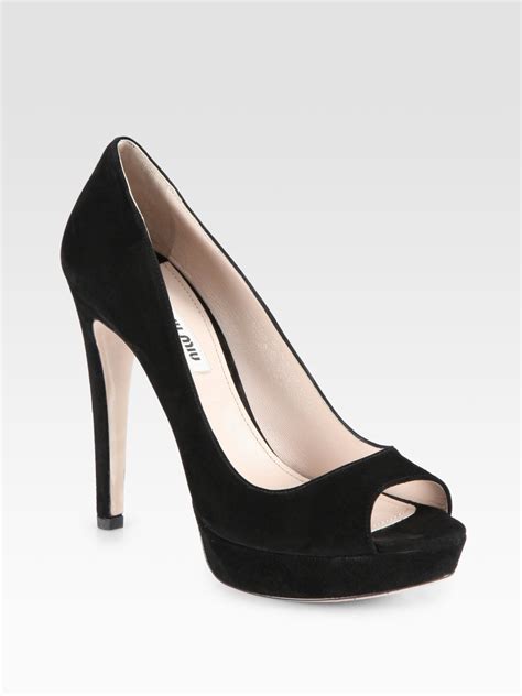 Lyst Miu Miu Suede Peep Toe Platform Pumps In Black