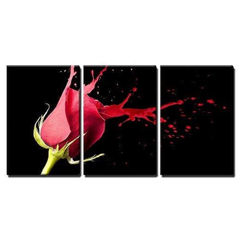 Wall26 3 Piece Canvas Wall Art Red Rose With Red Splashes On Black