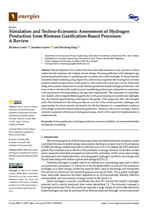 Pdf Simulation And Techno Economic Assessment Of Hydrogen Production