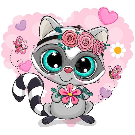 Cartoon Raccoon Girl With Flower On A Heart Background Stock Vector