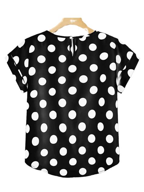 Womens Plus Size Polka Dot Keyhole Back Blouse Round Neck Short Sleeve