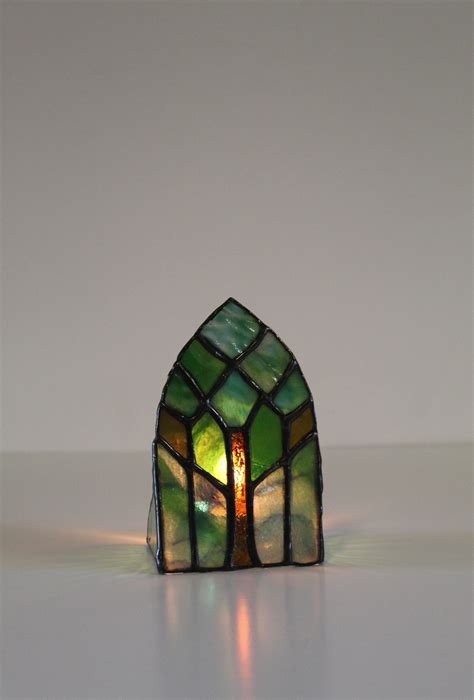 Stained Glass Tea Light Mini Tree Shield Gothic Lancet Cathedral Window Table Top Home Decor