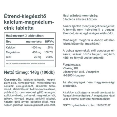 VITAKING Kalcium magnézium cink 100 tabletta Premiumvitamins