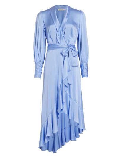 Zimmermann Asymmetric Ruffled Silk Satin Midi Wrap Dress In Blue Med