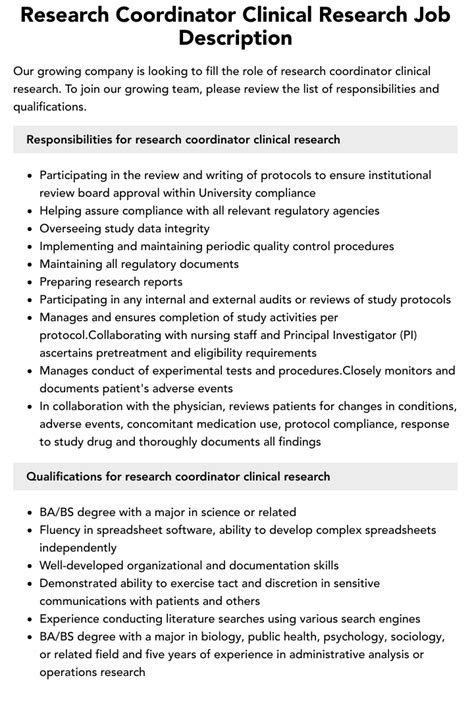 Research Coordinator Clinical Research Job Description Velvet Jobs