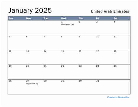 January 2025 Monthly Calendar With United Arab Emirates Holidays