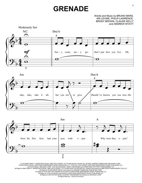 Grenade By Bruno Mars Sheet Music For Big Note Piano At Sheet Music Direct