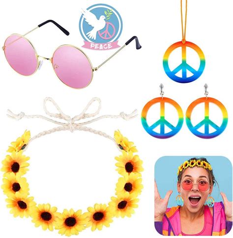 XCOZU Hippie Costume Set, Hippie Accessories Includes Peace Sign ...