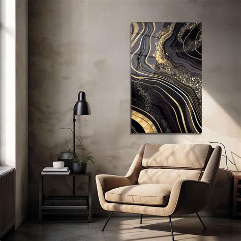 glass wall art black gold abstract luxury modern statement decor etsy