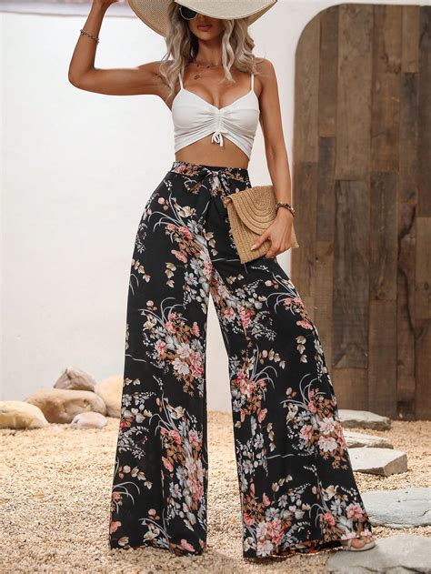 Shein Vcay Floral Print Belted Wide Leg Pants Shein Usa