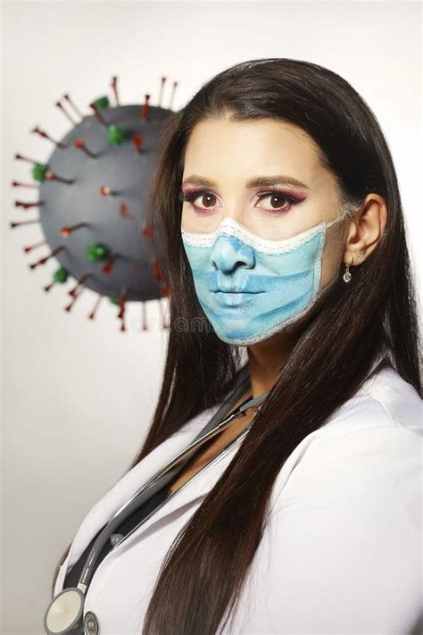 Pretty Lady with Face Painted Mask and Molecule of Corona Virus in ...