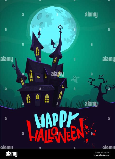 Halloween Haunted House Cartoon Illustration Vector Horror Scary Mansion On The Night