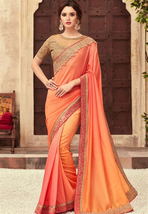 Peach Satin Georgette Party Wear Saree With Border