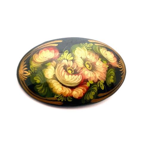 Hand Painted Floral Russian Brooch Pin Gem