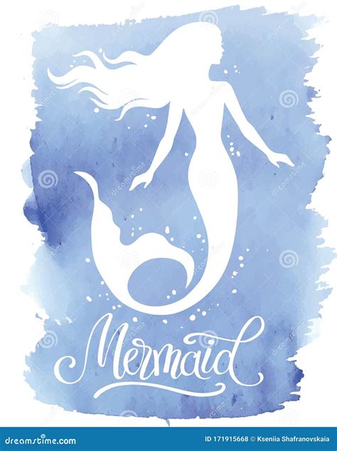 Mermaid Hand Drawn Vector Silhouette Illustration On Watercolor