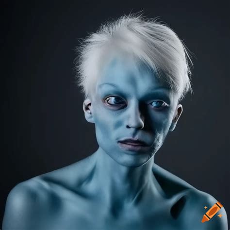 Realistic Photo Of A Blue Skinned Humanoid Alien Man With White Hair