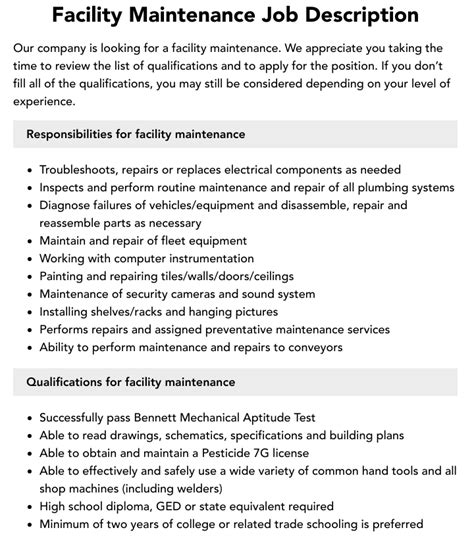 Facility Maintenance Job Description Velvet Jobs