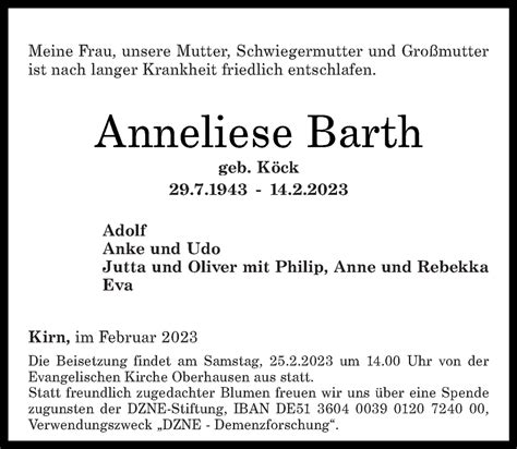 Traueranzeigen Von Anneliese Barth Rz Trauer De