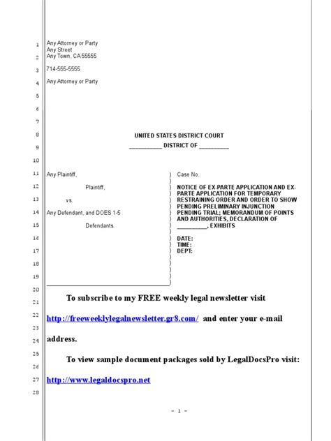 Sample Ex Parte Application For Tro And Preliminary Injunction In