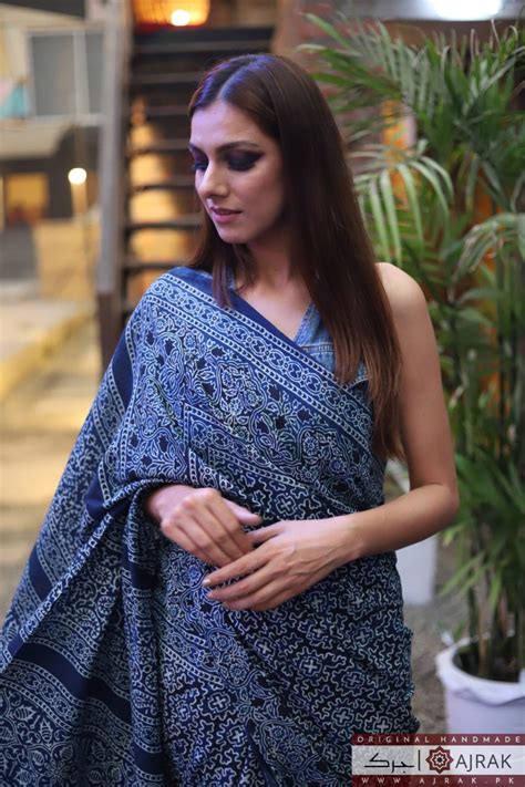 Blue Ajrak Saree - Natural Dye - Kakkar Ajrak Design