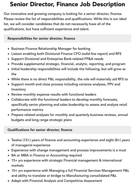 Senior Director Finance Job Description Velvet Jobs