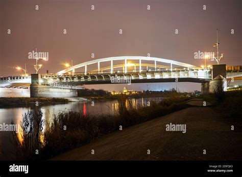 Steel Structure Of Road Bridge Over The Warta River At Night In The