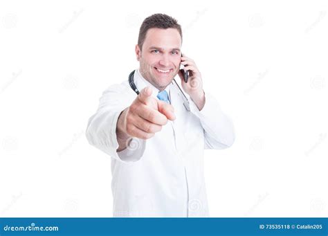 Male Medic Pointing at Camera and Having a Call Stock Photo - Image of ...