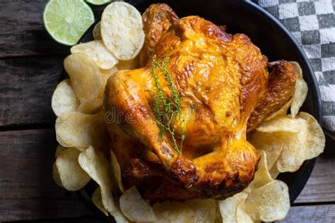 Tasty Roasted Chicken With Potato Chips Stock Photo Image Of Fried