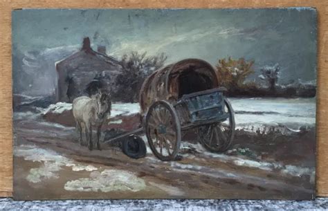 TABLEAU ANCIEN HUILE Paysage Campagne Hiver Arbres Neige Cheval