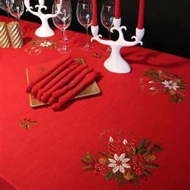 A Red Table Cloth With White Candles And Napkins