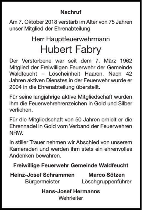 Traueranzeigen Von Hubert Fabry Aachen Gedenkt