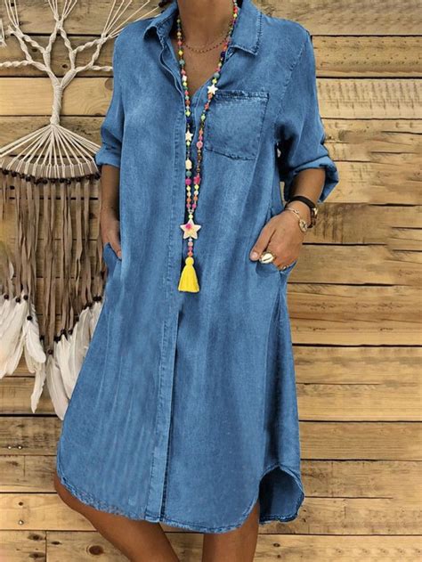 Fashion Solid Color Lapel Long Sleeve Loose Denim Casual Dress Womens