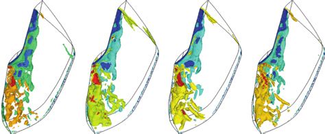 Contours Of Isosurface Of Spanwise Vorticity In Blade Passage Blue