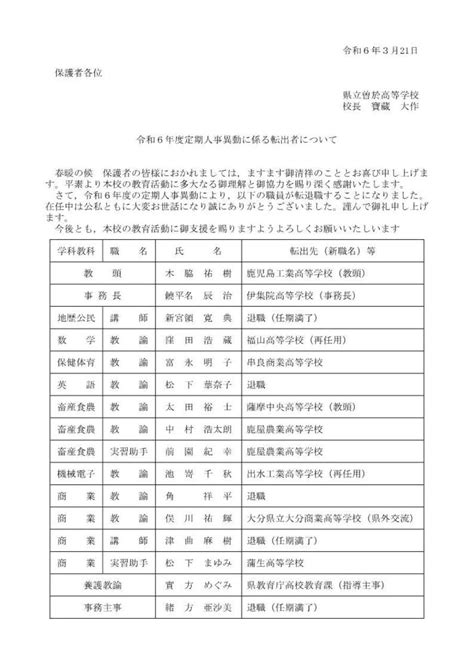 令和6年度定期人事異動について 鹿児島県立曽於高等学校