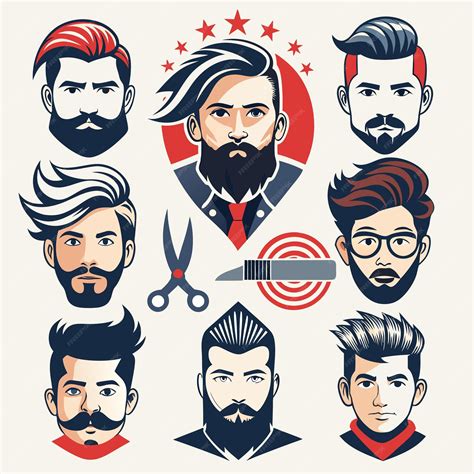 Modern Barber Shop Logo Design Red Beard Haircut Icons Grooming Tools