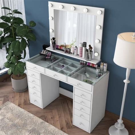 Coiffeuse Moderne Avec Miroir LED Et Dessus Transparent Beline L120cm