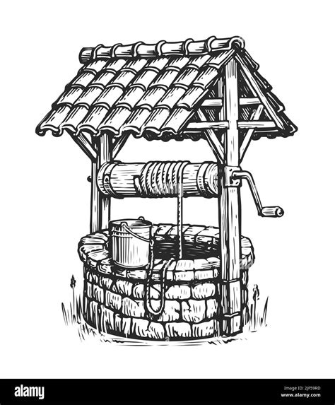 Rustic Stone Well With Bucket And Drinking Water Hand Drawn Sketch In