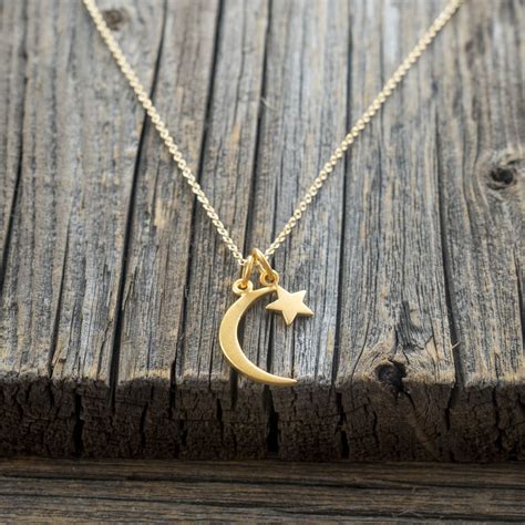 Solid Gold Crescent Moon Star Necklace 14k Gold By Sevgijewelry