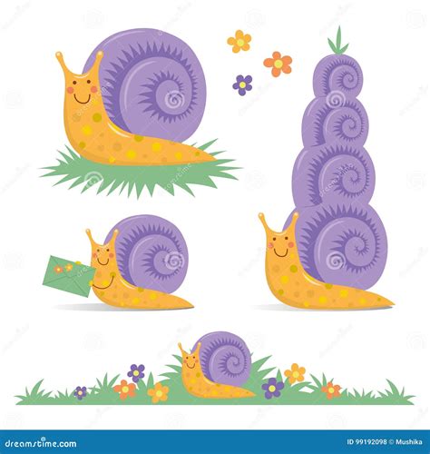 Set Of Various Cute Cartoon Snails Stock Vector Illustration Of