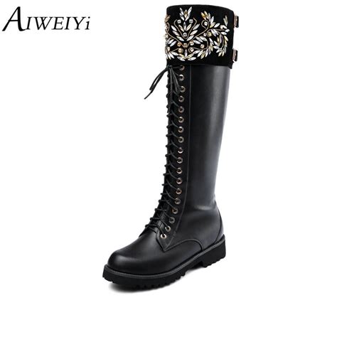 Aiweiyi Lace Up Knee High Boots Women Autumn Winter Rhinestone Square