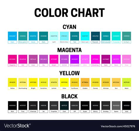 Cmyk color shades with hex htlm codes Royalty Free Vector