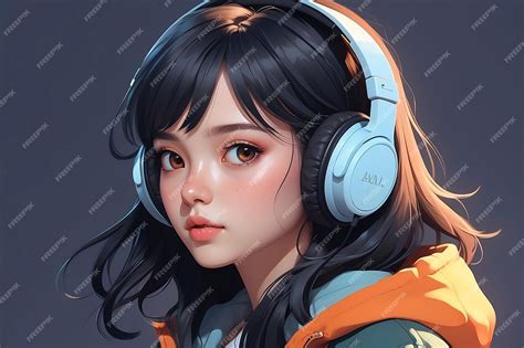 Premium Photo Anime Girl Listens Music On Headphones Portrait Of Teenager Illustration